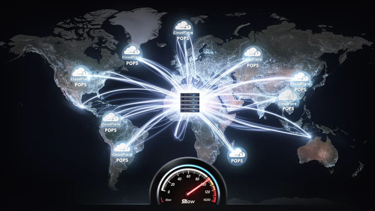 Global map visualization of a CDN network showing fast connections between distributed servers and improved speed metrics.