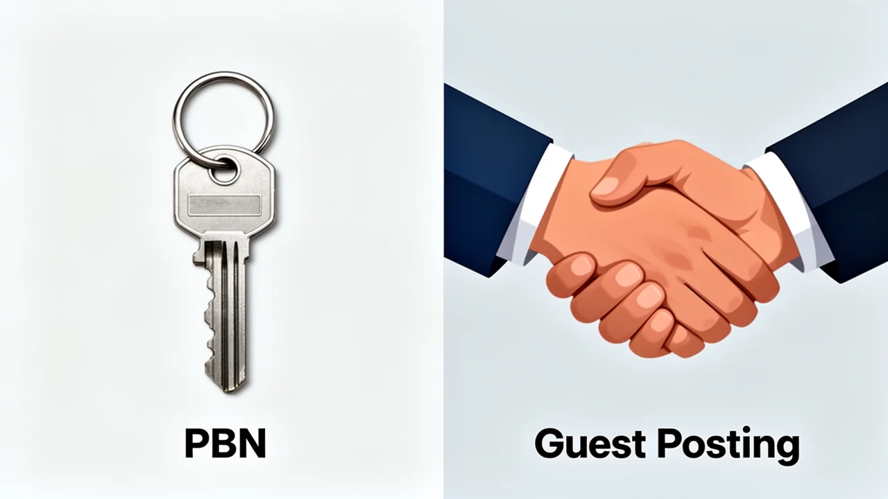 A visual comparison of two SEO strategies: a single key representing full
control (PBNs) versus a handshake representing partnership (guest posting).