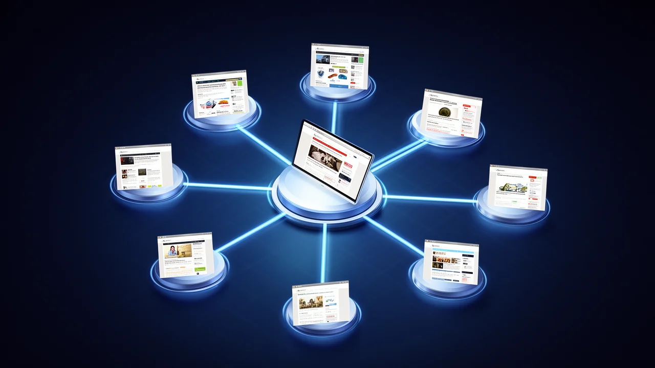 An abstract visualization of a Private Blog Network, showing a central site connected to multiple smaller blog sites, representing controlled link-building infrastructure.