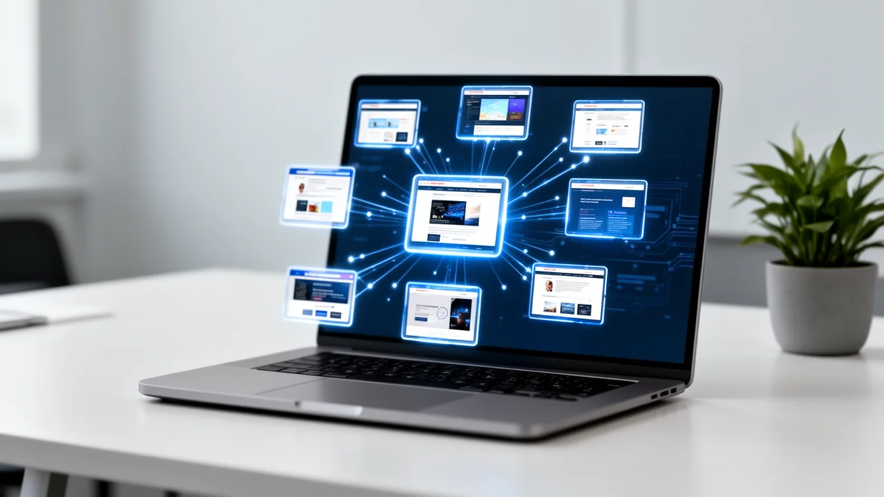 A central software dashboard managing a network of website subdomains, representing the control hub of Turbo Subdomains.