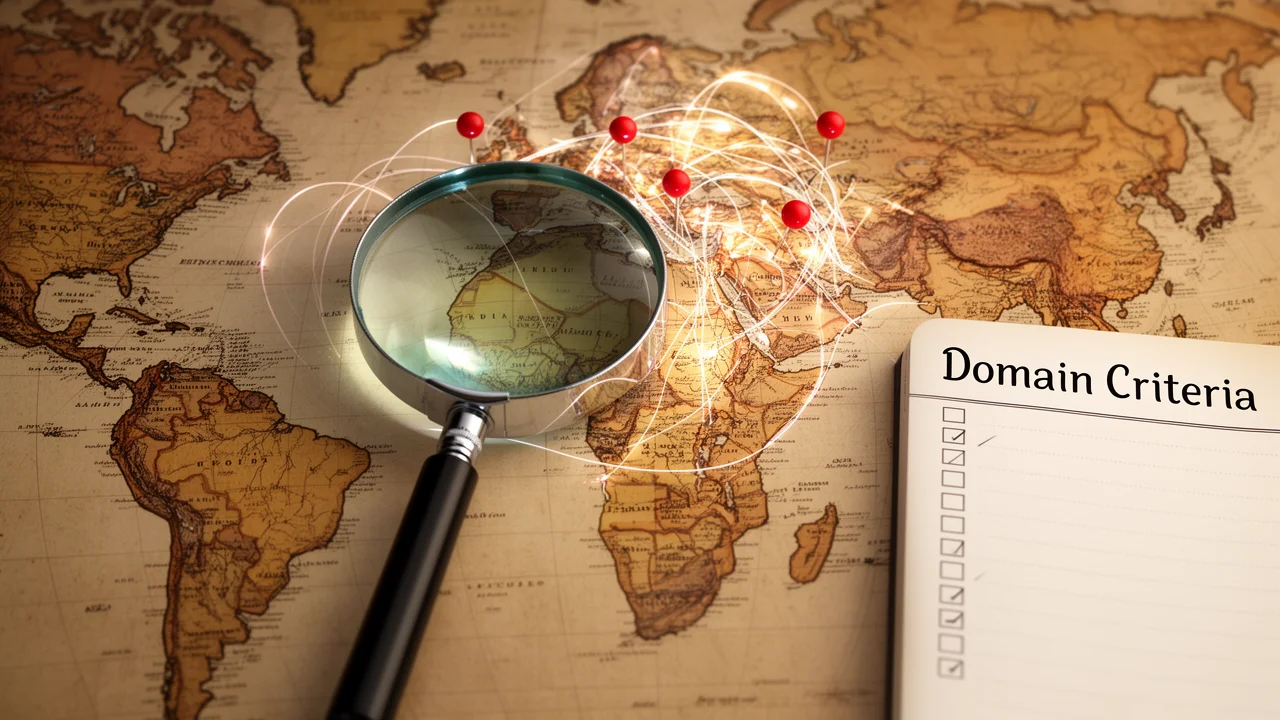 A magnifying glass inspects a map with connected points, symbolizing the detailed investigation and criteria-checking required when selecting domains for a Private Blog Network.