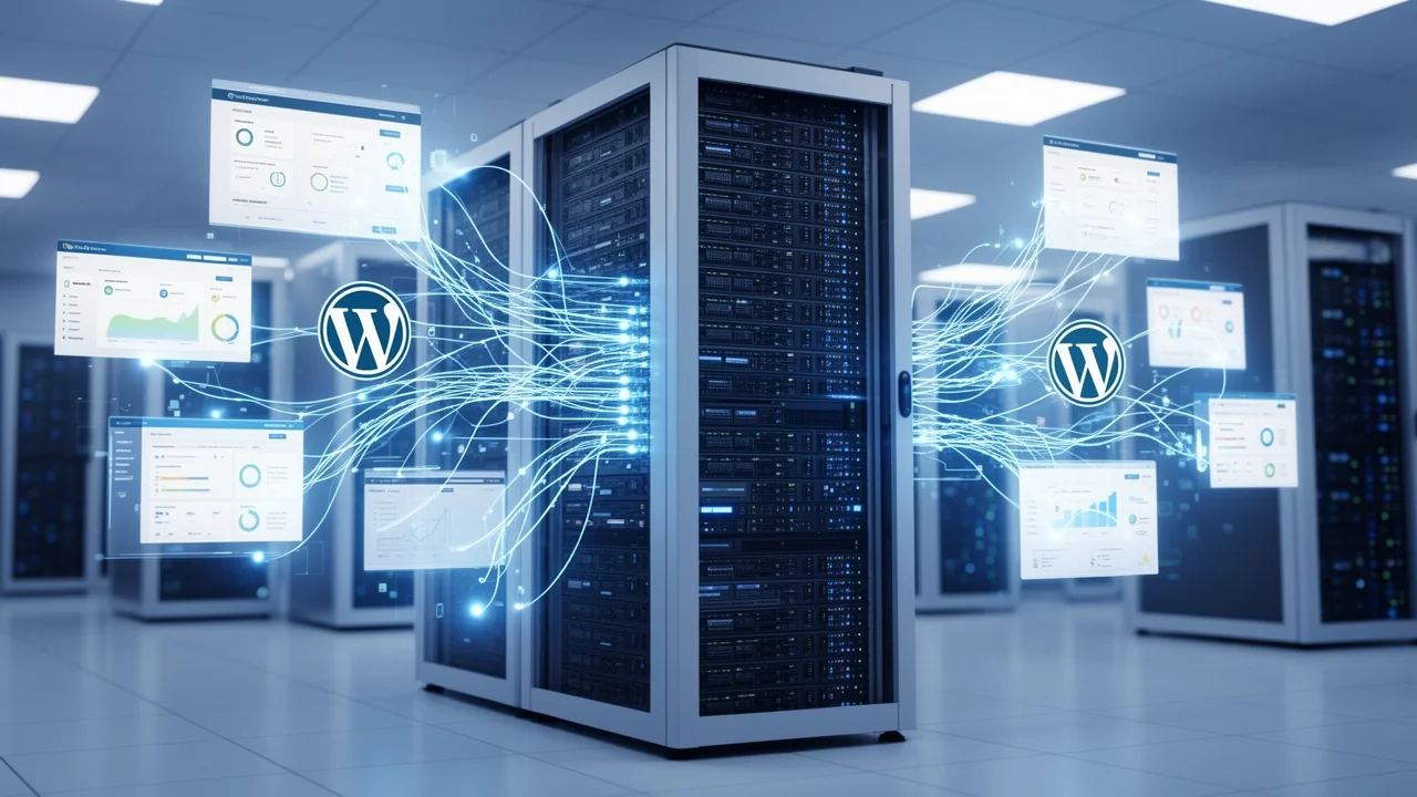 A 3D visualization of a server rack connecting to multiple website dashboards, representing scalable PBN hosting infrastructure.