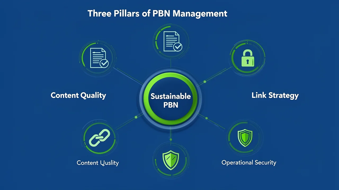 An infographic illustrating the three core pillars of Private Blog Network
management: Quality Content, Contextual Links, and Operational Security, essential
for building a sustainable SEO asset.