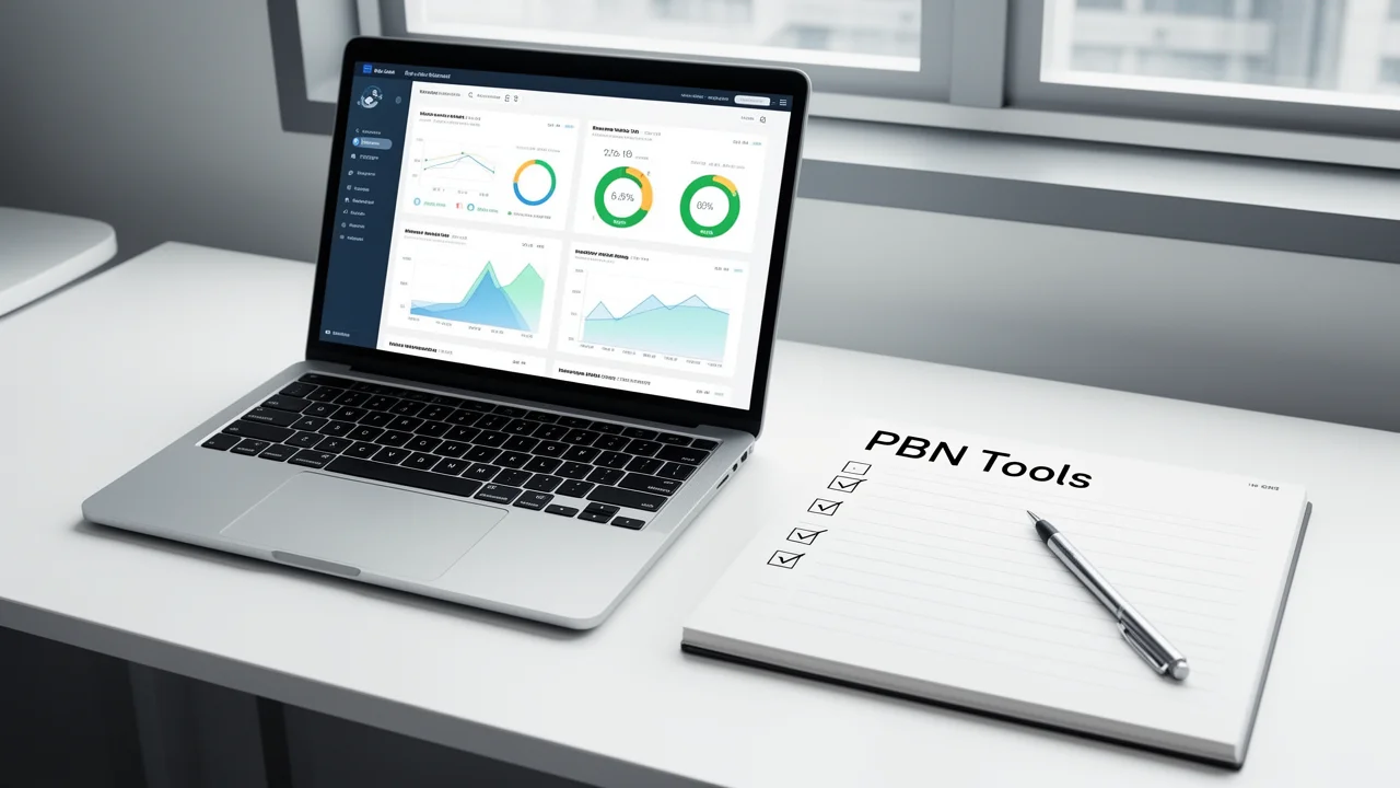 A modern workspace showing a PBN management dashboard on a laptop, representing centralized control and monitoring of website networks.