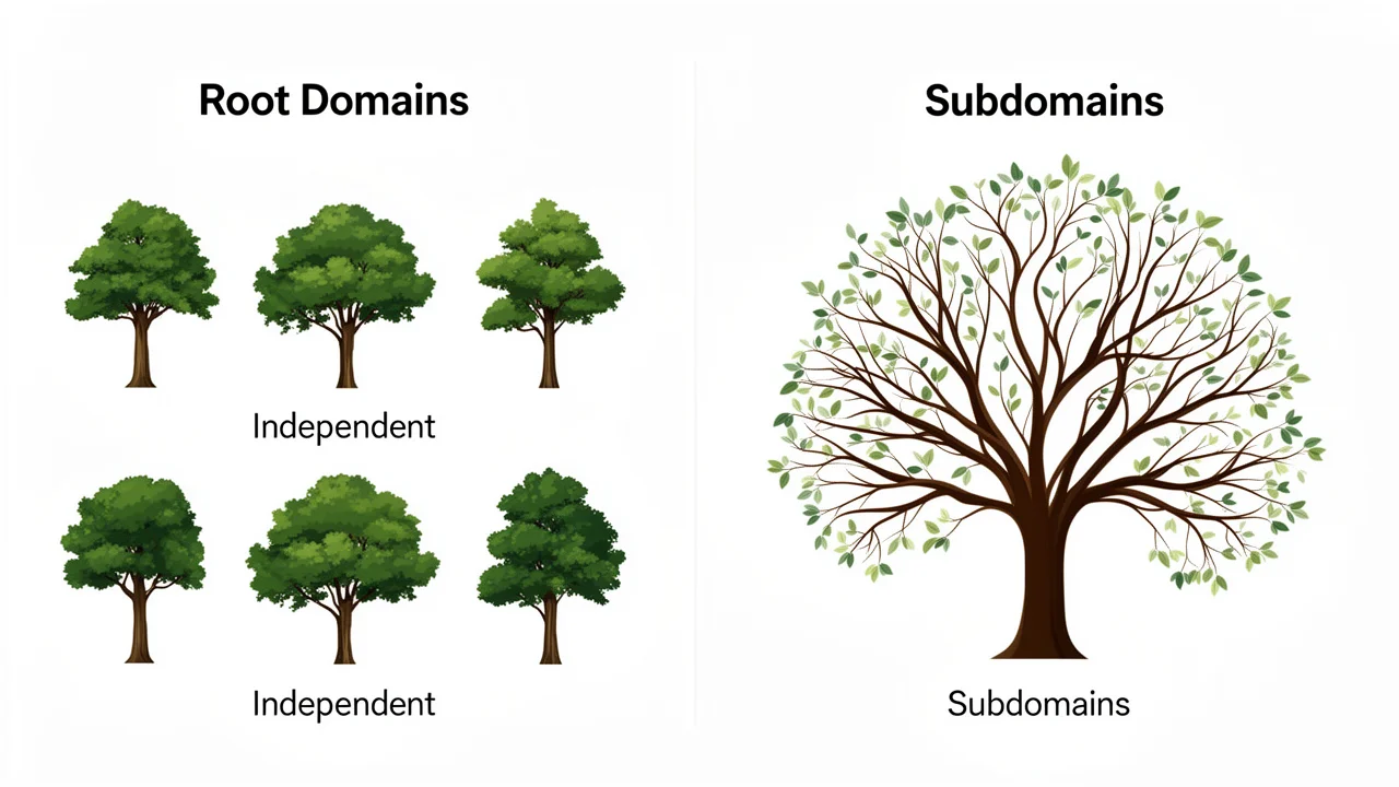 A diagram comparing independent root domains (separate trees) to a subdomain structure (one tree with many branches), illustrating the difference in PBN hosting architectures.