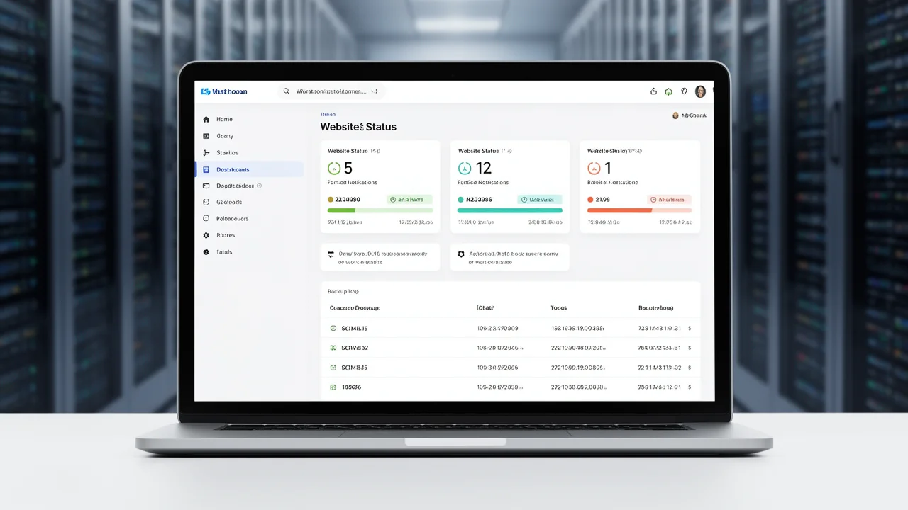 A centralized dashboard for managing multiple Private Blog Network websites, showing update statuses and security alerts on a laptop.