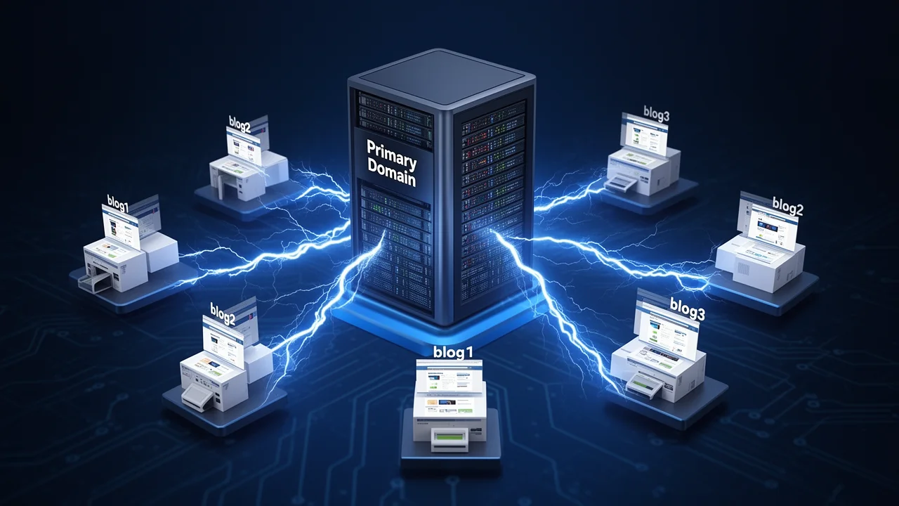 Diagram illustrating the Turbo Subdomains architecture: a central server
hosting multiple independent subdomain sites, representing centralized hosting for
PBNs.