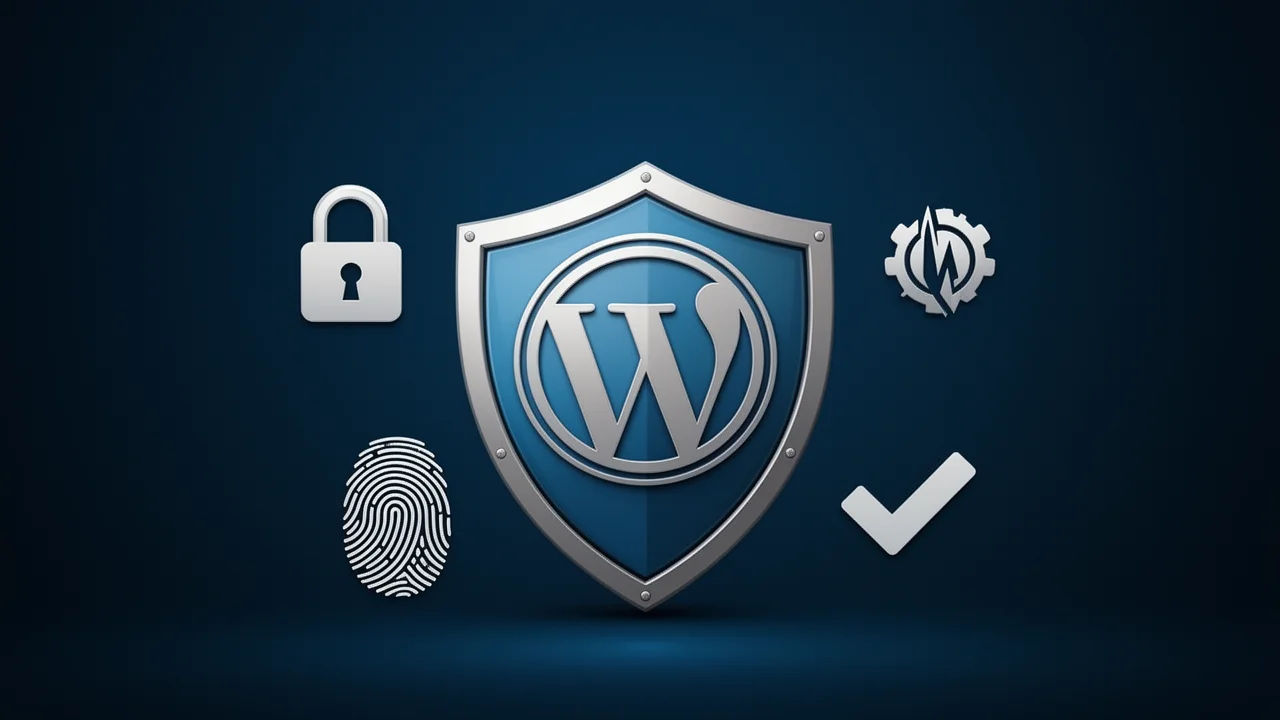 A shield symbolizing WordPress security, featuring core protection elements like encryption, firewalls, and authentication.